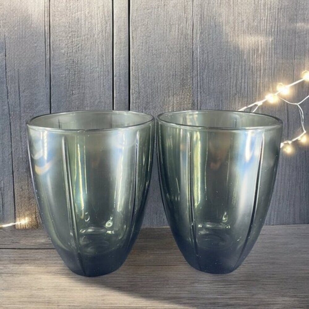 Noritake Glass ColorWave 12 Oz Tumbler Set 2 Glasses Smokey Olive‎ Black Cups